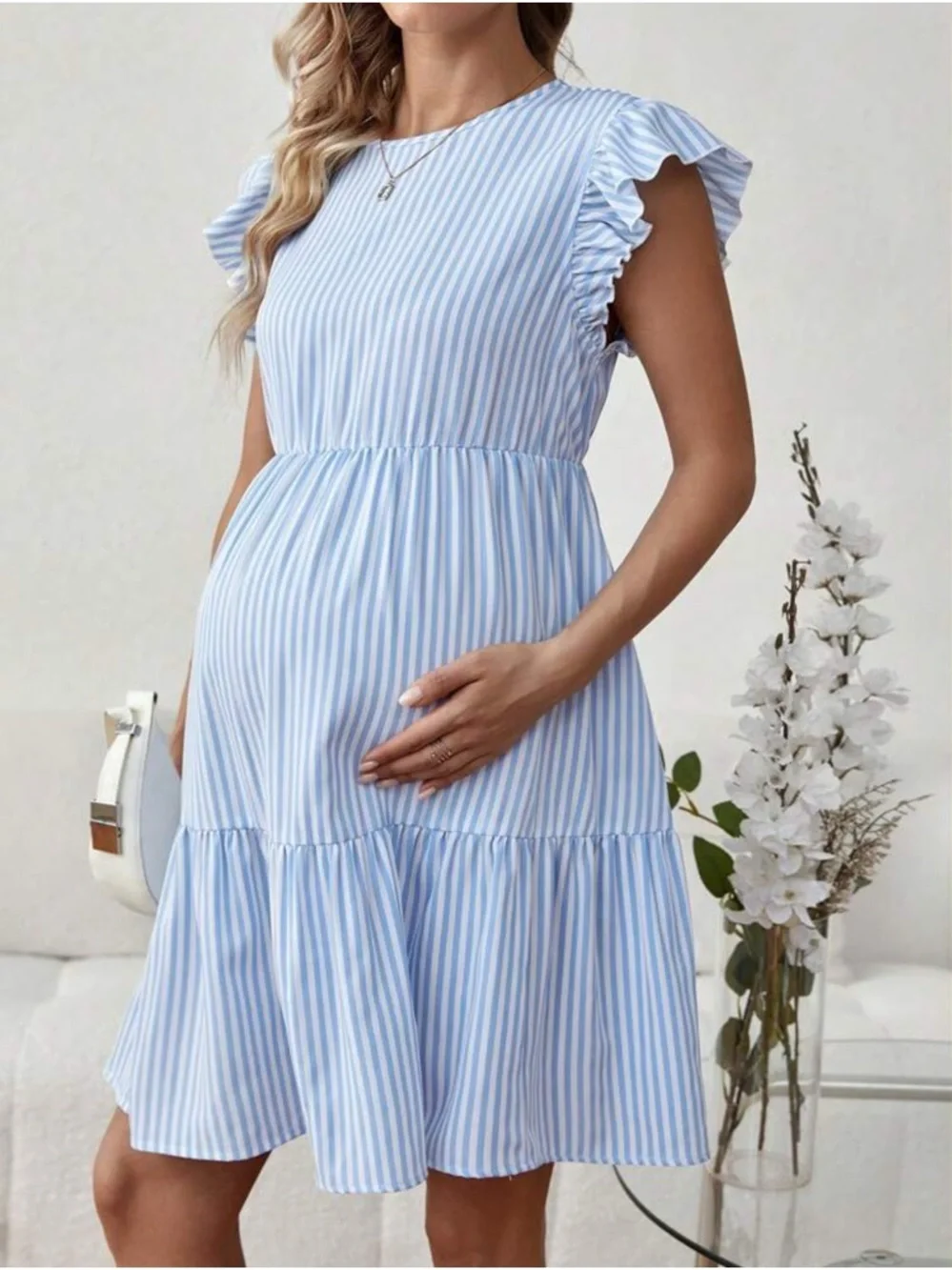 SHEIN Light Blue & White Striped Ruffle Sleeve Tiered Maternity Dress - Picture 5 of 5